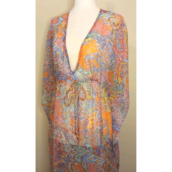 Lauren Ralph Lauren Cover-up Sz XS Midi Caftan Sheer Paisley Floral Multi $135 - Picture 2 of 16